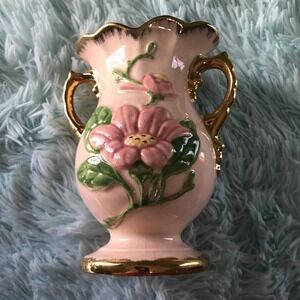 Hull Art USA Pottery Vase 6 1/2 Magnolia Double Handle Vintage Gold Finish
